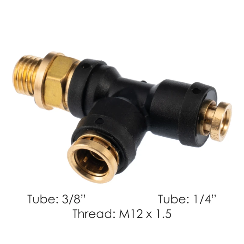 Freightliner 3-Way Swivel DOT Push-Lock Fitting 3/8in Tube x 1/4in Tube x M12x1.5 Automann - 177.12C7164M12